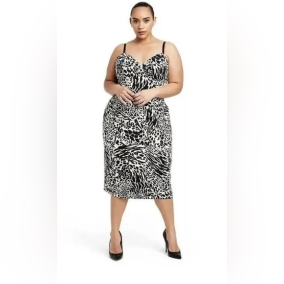 NWT Sergio Hudson Black/White Animal Print Bustier Midi Dress Size 4X - Picture 1 of 9